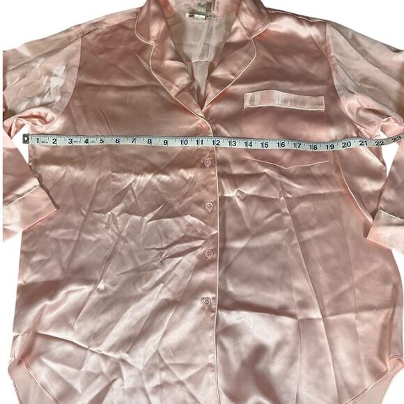 Nordstrom 100% Silk Small Long Back Pajama Top Long Sleeve Baby Pink White Trim - Picture 9 of 13